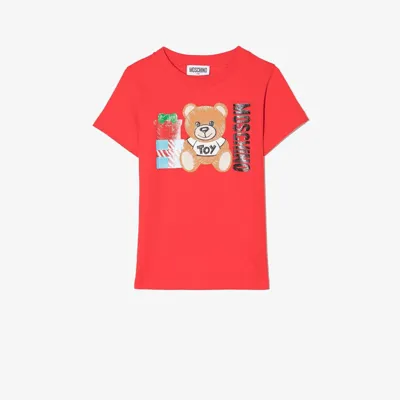 Moschino Kids' Red Xmas Teddy Bear Print Cotton T-shirt In 红色