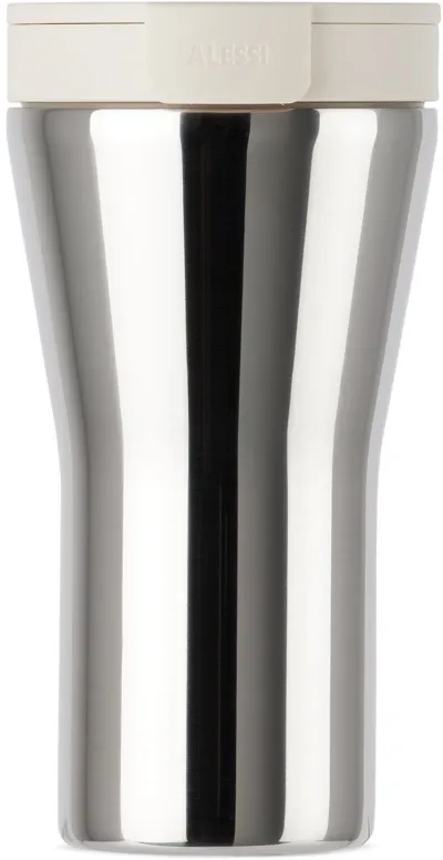 Alessi White & Silver Caffa Travel Mug In Stainless Steel/whit