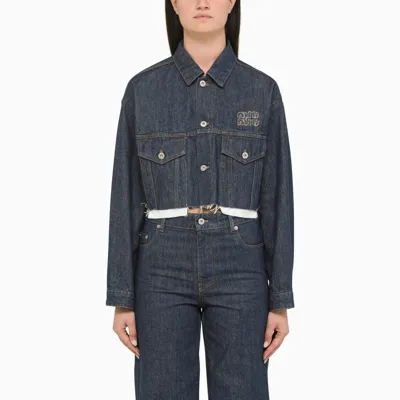 Miu Miu Cropped Blue Denim Jacket With Embroidery