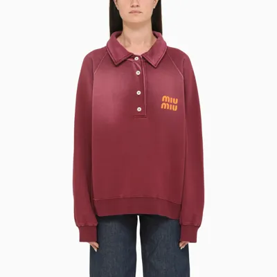 Miu Miu Burgundy Long Sleeve Polo With Logo In Red