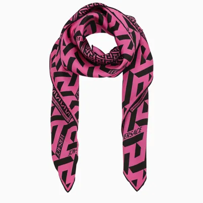 Versace Fuchsia And Black La Greca Scarf In Pink