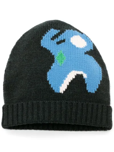 Jw Anderson Intarsia Beanie Hat With Elephant Motif In Green