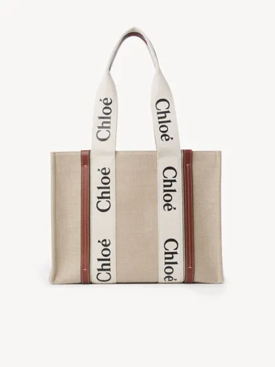 Chloé Woody Tote Bag In Linen Multicolor Size Onesize 100% Linen, Calf-skin Leather, Polyester In Multicolore