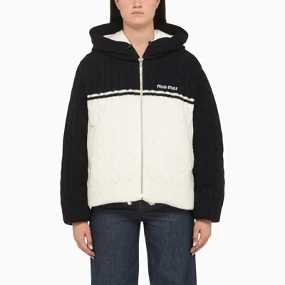 Miu Miu Logo-embroidered Boxy-fit Wool And Cashmere-blend Hooded Jacket In Blue/white