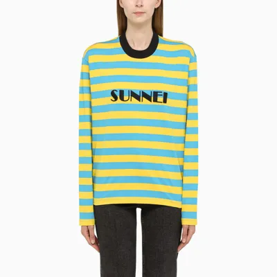 Sunnei Blue/yellow Striped Long-sleeved T-shirt With Logo