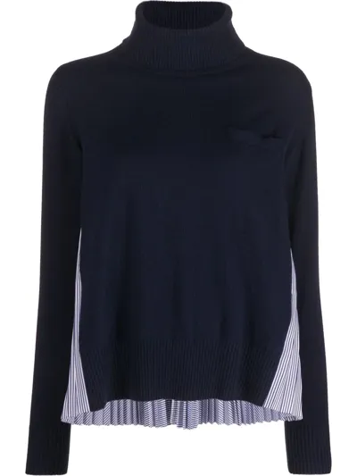 Sacai Pleated Panel Turtleneck Jumper In Blue