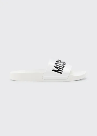 Moschino Men's Logo Rubber Pool Slides In White