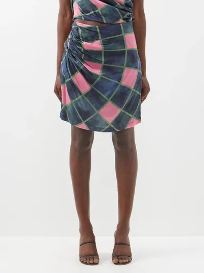 Ahluwalia Patel Cutout Draped Printed Matte-satin Mini Skirt In Grün