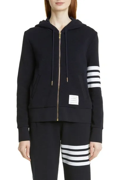 Thom Browne 4-bar Detail Ottoman Rib Cotton Hoodie In Blue