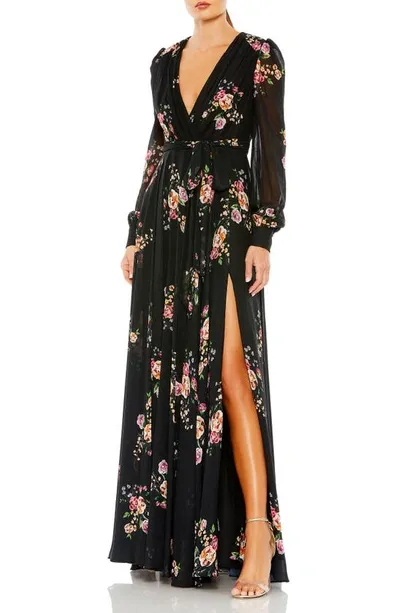 Ieena For Mac Duggal Floral Long Sleeve Empire Waist Chiffon Maxi Dress In Black Multi