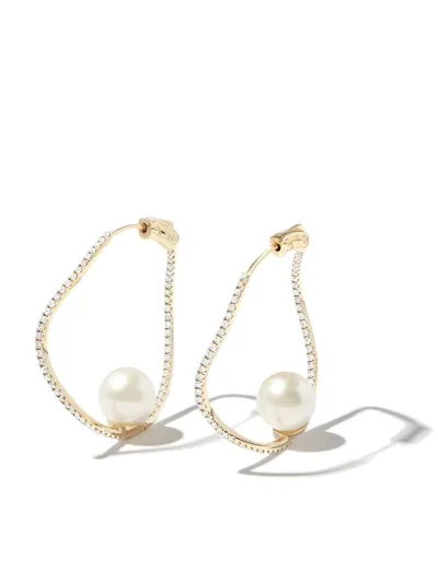 Mateo 14kt Yellow Gold Wave Diamond And Pearl Hoop Earrings