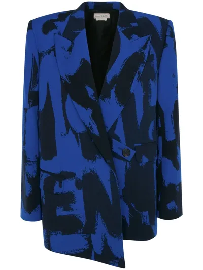 Alexander Mcqueen Graffiti Logo-print Drop-hem Single-breasted Blazer In Electric Blue Black