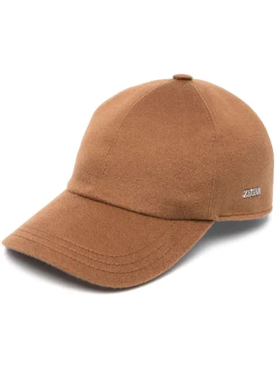 Zegna Logo-plaque Cashmere Cap In Brown