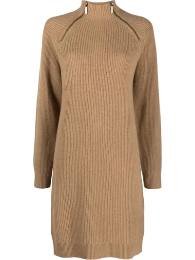 Michael Michael Kors Zip Detailed Long-sleeved Dress In Brown