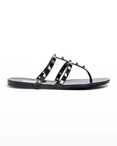 Valentino Garavani Rockstud T-strap Flat Slide Sandals In Black