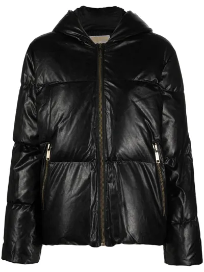 Michael Michael Kors Faux-leather Hooded Puffer Jacket In Black