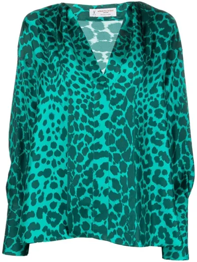 Alberto Biani Leopard-print Silk Blouse In Green