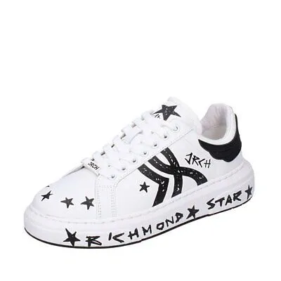 Pre-owned John Richmond Schuhe Herren  Sneakers Weiss Leder Schwarz 14011/cp Bf662