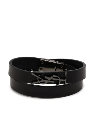 Saint Laurent Ysl Logo-plaque Leather Bracelet In Schwarz