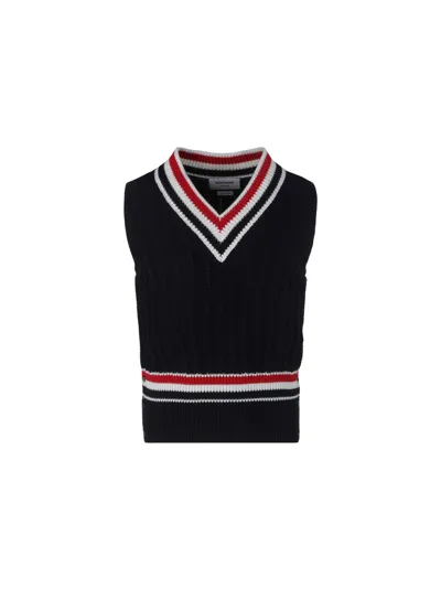 Thom Browne Navy Knitted Vest With Stripes In Blue