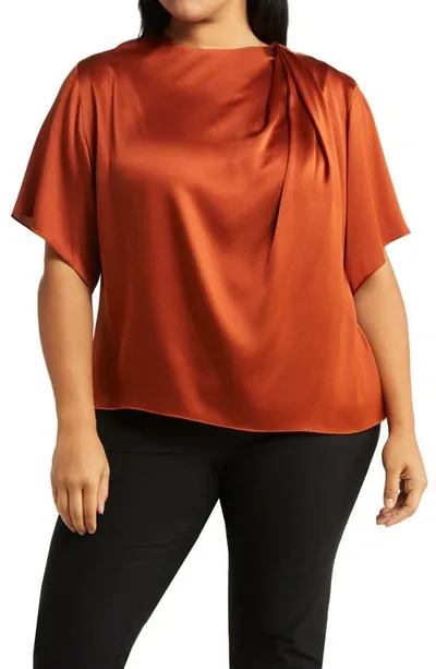 Vince Drape Neck Flutter Sleeve Silk Top In Braun