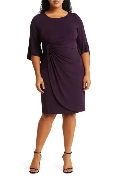 Connected Apparel Gathered Bell Sleeve Faux Wrap Dress In Aubergene