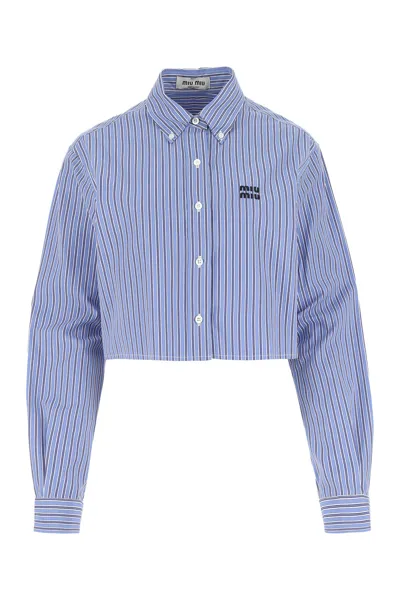 Miu Miu Logo Embroidered Striped Cropped Shirt In Blue