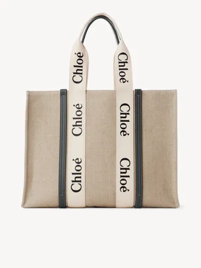 Chloé Large Woody Tote Bag In Linen White Size Onesize 100% Linen, Calf-skin Leather, Polyester In Blanc