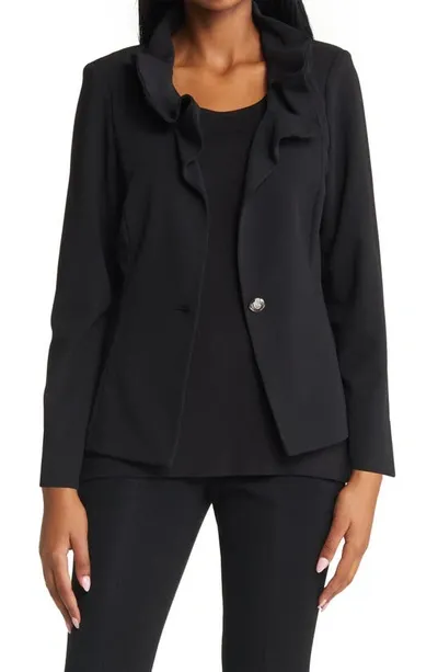 Ming Wang Ruffle Collar Crepe Jacket In Black