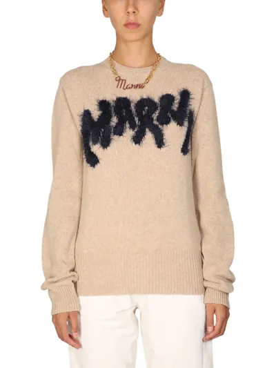 Marni Beige Sweater With Logo Embroidery