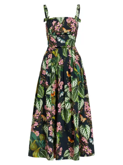 Oscar De La Renta Pleated Botanical Print Cutout Stretch Cotton Midi Dress In Navy Multi