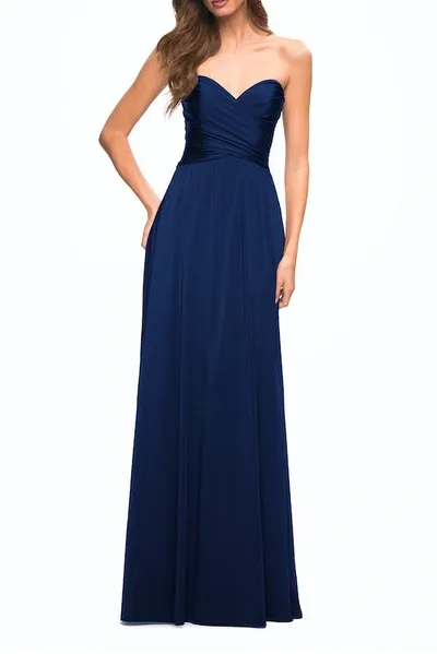 La Femme Simple Strapless Jersey Dress With High Slit In Navy