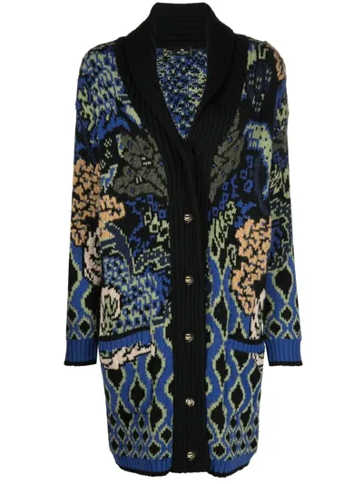 Etro Comet Floral-jacquard Wool-blend Cardigan In Black