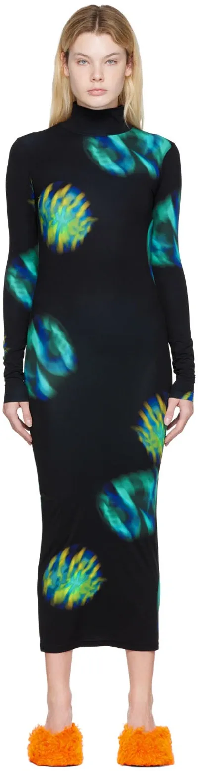 Nina Ricci Printed Jersey Turtleneck Midi Dress In Black