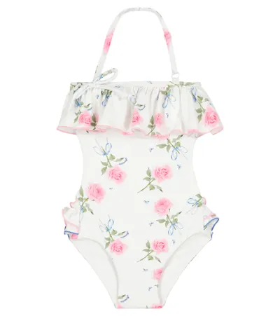 Monnalisa Kids' Rose Print One Piece Swimsuit In White