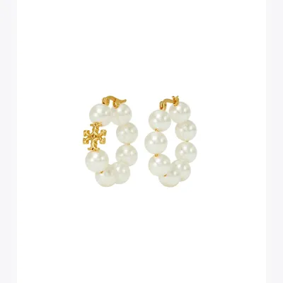 Tory Burch Kira Pearl Hoop Earring In Rolled Brass #59 / Ivory