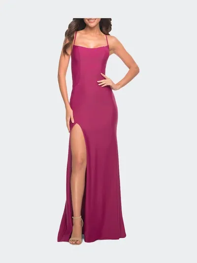 La Femme Long Prom Dress In Luxurious Jersey With Slit In Berry