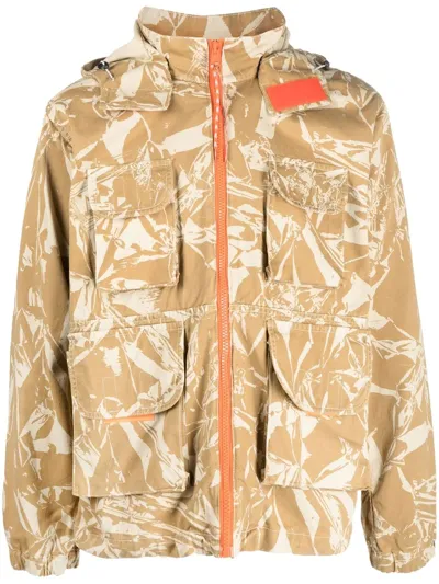 Aries Cotton Crinkle Camo Removable Hood Cargo Jacket In Beige