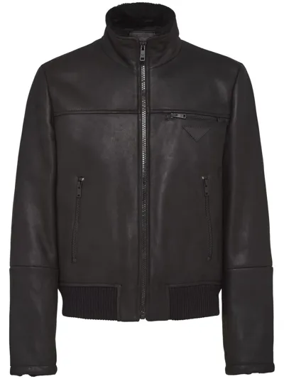 Prada Sheepskin Bomber Jacket In Black