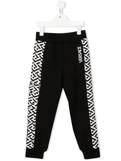 Versace Kids' Greca Pattern Cotton Track Pants In Monochrome