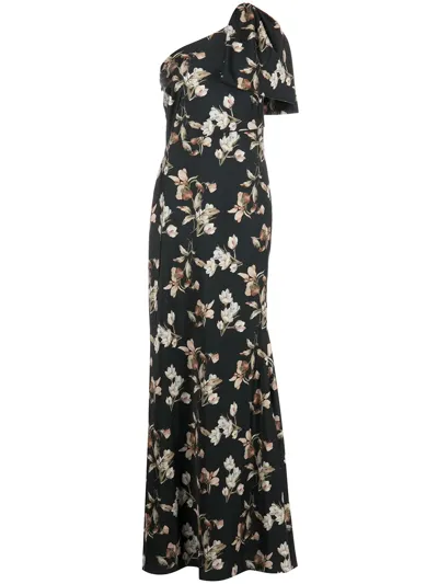 Sachin & Babi Aubrey One-shoulder Floral Satin Charmeuse Body-con Gown In Black Venetia Petal