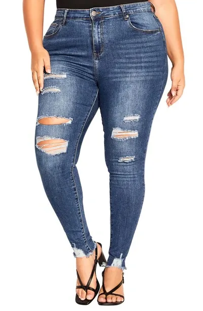 City Chic Asha Wild Rose Ripped High Waist Skinny Jeans In Indigo