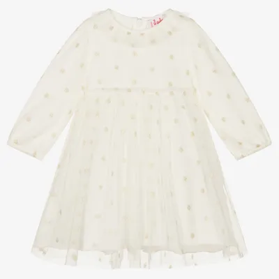 Il Gufo Babies' Girls Ivory Dotted Tulle Dress