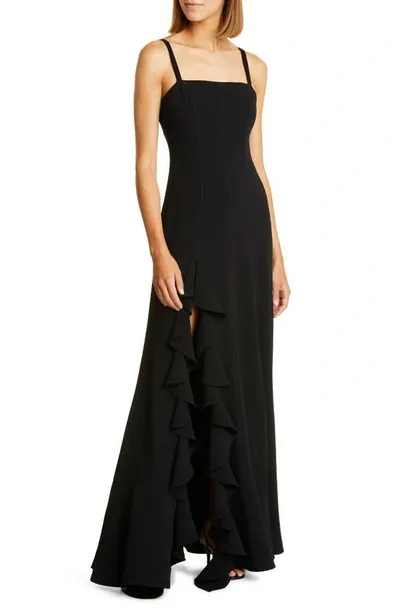 Cinq À Sept Dilan Cascading Ruffle Slit Gown In Black