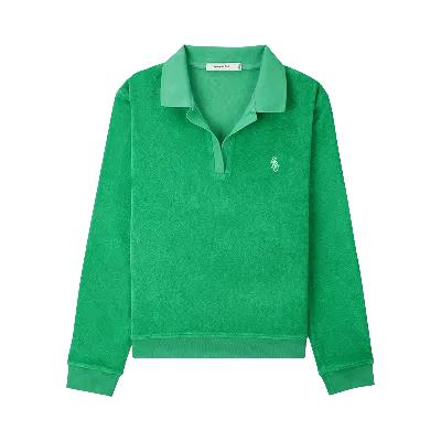 Sporty And Rich Logo-embroidered Long-sleeve Cotton-terry Polo Shirt In Kelly Green White