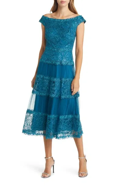 Tadashi Shoji Sequin & Corded Lace Off The Shoulder Cocktail Dress In Atlantic Blue