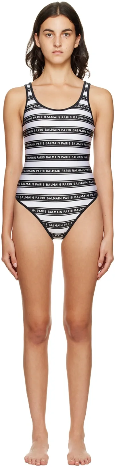 Balmain Olimpionic Scoop-back One-piece Swimsuit With Logo Stripe In White Black