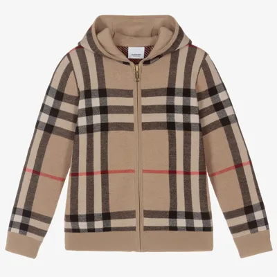 Burberry Teen Boys Check Knit Zip Up Top In Beige