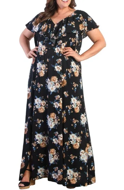 Kiyonna Willow Crepe Maxi Dress In Midnight Black Bouquet