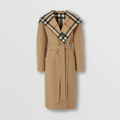 Burberry Check Detail Wool Hooded Wrap Coat In Archive Beige